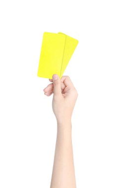 İki sarı kart izole kırpma yolu ile beyaz bir arka plan üzerinde gösterilen El. Soyut işareti ve futbol spor simgesi.