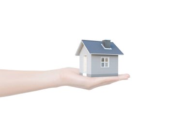 İnsan eli izole kırpma yolu ile beyaz arka plan üzerinde basit evde. Görüntü fikri Emlak ve mülkiyet kavramı. House 3d render.