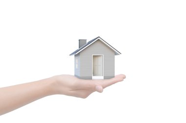 İnsan eli izole kırpma yolu ile beyaz arka plan üzerinde basit evde. Görüntü fikri Emlak ve mülkiyet kavramı. House 3d render.