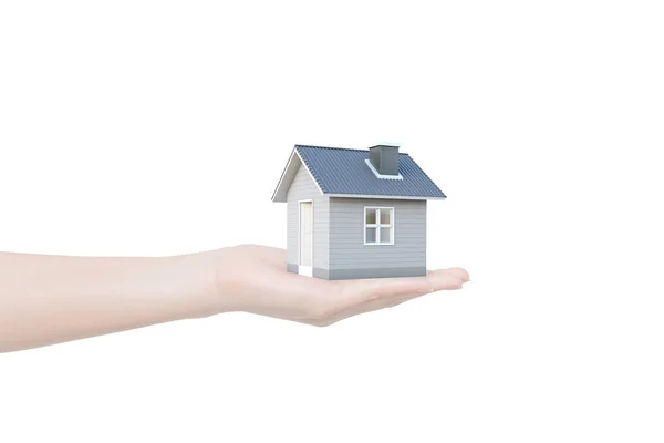 İnsan eli izole kırpma yolu ile beyaz arka plan üzerinde basit evde. Görüntü fikri Emlak ve mülkiyet kavramı. House 3d render.