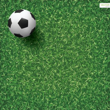 Futbol topu yeşil çimlerin üzerinde futbol sahası arka planında. Vektör illüstrasyonu.