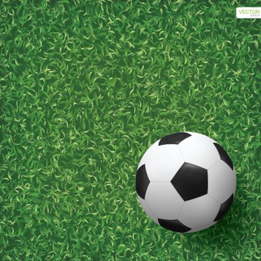 Futbol topu yeşil çimlerin üzerinde futbol sahası arka planında. Vektör illüstrasyonu.