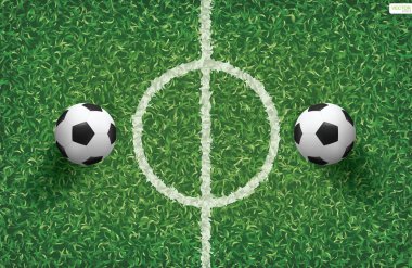 Futbol topu yeşil çimlerin üzerinde futbol sahası arka planında. Vektör illüstrasyonu.