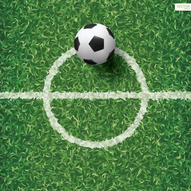 Futbol futbol topu futbol alan desen ve doku arka plan ile merkezi hattı alan yeşil çimenlerin üzerinde. Vektör çizim.