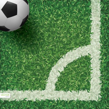Futbol topu yeşil çimen desenli arka planlı futbol sahasının köşesinde. Vektör illüstrasyonu.
