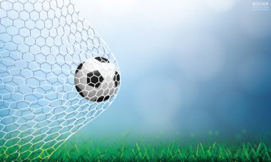 Futbol futbol topu futbol gol ve ışık ile net bokeh arka plan ve yeşil çim alan alan bulanık. Vektör çizim.