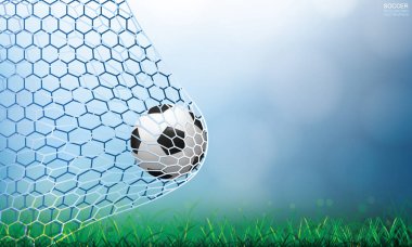 Futbol futbol topu futbol gol ve ışık ile net bokeh arka plan ve yeşil çim alan alan bulanık. Vektör çizim.