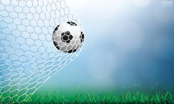 サッカー サッカー ボール サッカー ゴールと光で Net 背景のボケ味 緑の芝生のフィールド エリアにぼやけています ベクトル図 — ストックベクタ