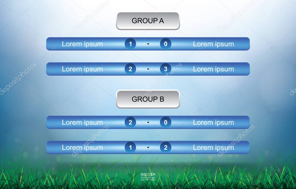 Match schedule background for soccer football cup with green grass field and light blurred bokeh background. Soccer football tournament schedule. Vector illustration.