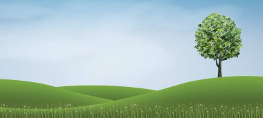 Yeşil çim hill alan mavi gökyüzü ile ağacında. Arka plan park ve peyzaj fikir için açık. Doğal madde hem baskı ve Web için kullanın. Vektör çizim.