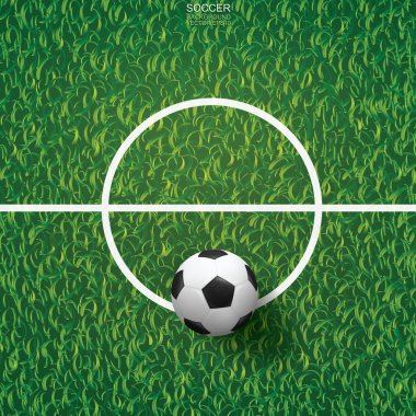 Futbol topu yeşil çimlerin üzerinde futbol sahası arka planında. Vektör illüstrasyonu.