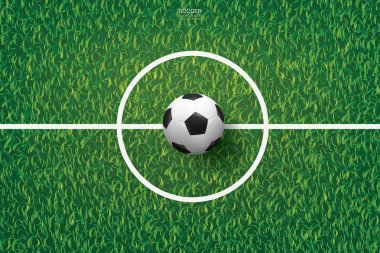 Futbol topu yeşil çimlerin üzerinde futbol sahası arka planında. Vektör illüstrasyonu.