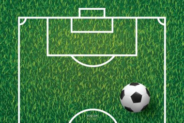 Futbol topu yeşil çimlerin üzerinde futbol sahası arka planında. Vektör illüstrasyonu.