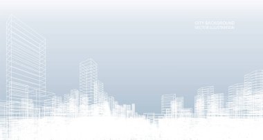 Soyut kablo şeması şehir arka planı. Kablo çerçevesinin 3 boyutlu perspektifi. Vektör illüstrasyonu.