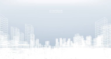 Soyut kablo şeması şehir arka planı. Kablo çerçevesinin 3 boyutlu perspektifi. Vektör illüstrasyonu.