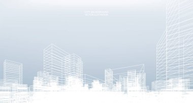 Soyut kablo şeması şehir arka planı. Kablo çerçevesinin 3 boyutlu perspektifi. Vektör illüstrasyonu.