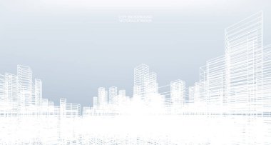 Soyut kablo şeması şehir arka planı. Kablo çerçevesinin 3 boyutlu perspektifi. Vektör illüstrasyonu.