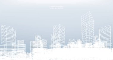 Soyut kablo şeması şehir arka planı. Kablo çerçevesinin 3 boyutlu perspektifi. Vektör illüstrasyonu.