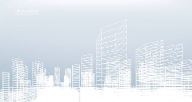 Soyut kablo şeması şehir arka planı. Kablo çerçevesinin 3 boyutlu perspektifi. Vektör illüstrasyonu.