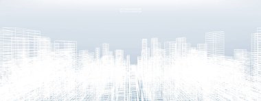 Soyut kablo şeması şehir arka planı. Kablo çerçevesinin 3 boyutlu perspektifi. Vektör illüstrasyonu.