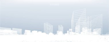 Soyut kablo şeması şehir arka planı. Kablo çerçevesinin 3 boyutlu perspektifi. Vektör illüstrasyonu.