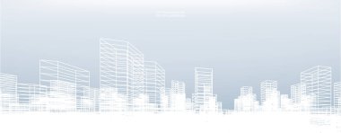 Soyut kablo şeması şehir arka planı. Kablo çerçevesinin 3 boyutlu perspektifi. Vektör illüstrasyonu.