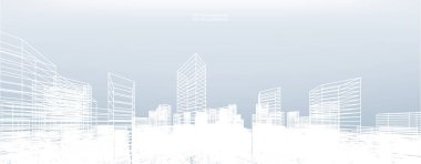 Soyut kablo şeması şehir arka planı. Kablo çerçevesinin 3 boyutlu perspektifi. Vektör illüstrasyonu.