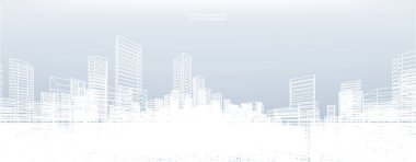 Soyut kablo şeması şehir arka planı. Kablo çerçevesinin 3 boyutlu perspektifi. Vektör illüstrasyonu.