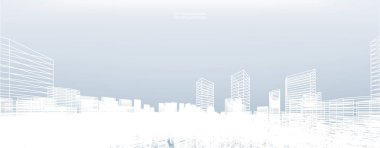 Soyut kablo şeması şehir arka planı. Kablo çerçevesinin 3 boyutlu perspektifi. Vektör illüstrasyonu.