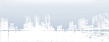 Soyut kablo şeması şehir arka planı. Kablo çerçevesinin 3 boyutlu perspektifi. Vektör illüstrasyonu.