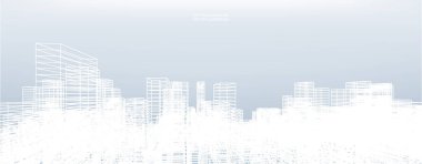 Soyut kablo şeması şehir arka planı. Kablo çerçevesinin 3 boyutlu perspektifi. Vektör illüstrasyonu.