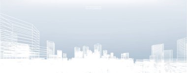 Soyut kablo şeması şehir arka planı. Kablo çerçevesinin 3 boyutlu perspektifi. Vektör illüstrasyonu.