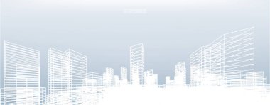 Soyut kablo şeması şehir arka planı. Kablo çerçevesinin 3 boyutlu perspektifi. Vektör illüstrasyonu.