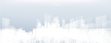 Soyut kablo şeması şehir arka planı. Kablo çerçevesinin 3 boyutlu perspektifi. Vektör illüstrasyonu.