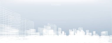 Soyut kablo şeması şehir arka planı. Kablo çerçevesinin 3 boyutlu perspektifi. Vektör illüstrasyonu.