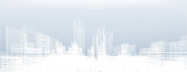 Soyut kablo şeması şehir arka planı. Kablo çerçevesinin 3 boyutlu perspektifi. Vektör illüstrasyonu.