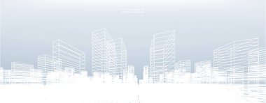 Soyut kablo şeması şehir arka planı. Kablo çerçevesinin 3 boyutlu perspektifi. Vektör illüstrasyonu.