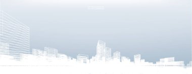 Soyut kablo şeması şehir arka planı. Kablo çerçevesinin 3 boyutlu perspektifi. Vektör illüstrasyonu.