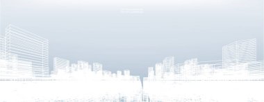 Soyut kablo şeması şehir arka planı. Kablo çerçevesinin 3 boyutlu perspektifi. Vektör illüstrasyonu.