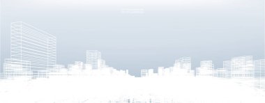 Soyut kablo şeması şehir arka planı. Kablo çerçevesinin 3 boyutlu perspektifi. Vektör illüstrasyonu.