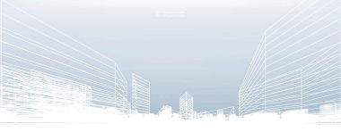 Soyut kablo şeması şehir arka planı. Kablo çerçevesinin 3 boyutlu perspektifi. Vektör illüstrasyonu.