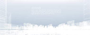 Soyut kablo şeması şehir arka planı. Kablo çerçevesinin 3 boyutlu perspektifi. Vektör illüstrasyonu.