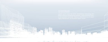 Soyut kablo şeması şehir arka planı. Kablo çerçevesinin 3 boyutlu perspektifi. Vektör illüstrasyonu.