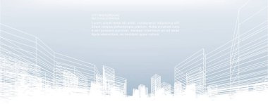 Soyut kablo şeması şehir arka planı. Kablo çerçevesinin 3 boyutlu perspektifi. Vektör illüstrasyonu.