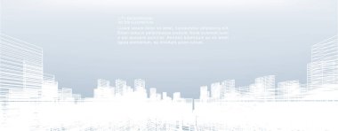 Soyut kablo şeması şehir arka planı. Kablo çerçevesinin 3 boyutlu perspektifi. Vektör illüstrasyonu.