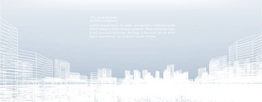 Soyut kablo şeması şehir arka planı. Kablo çerçevesinin 3 boyutlu perspektifi. Vektör illüstrasyonu.