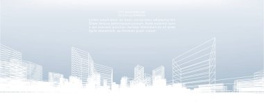 Soyut kablo şeması şehir arka planı. Kablo çerçevesinin 3 boyutlu perspektifi. Vektör illüstrasyonu.