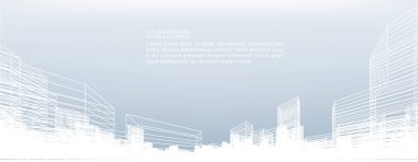 Soyut kablo şeması şehir arka planı. Kablo çerçevesinin 3 boyutlu perspektifi. Vektör illüstrasyonu.