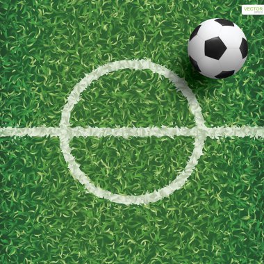 Futbol futbol topu futbol alan desen ve doku arka plan ile merkezi hattı alan yeşil çimenlerin üzerinde. Vektör çizim.