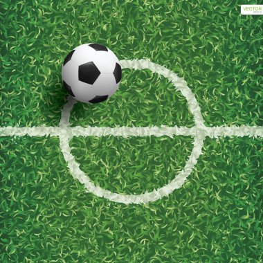 Futbol futbol topu futbol alan desen ve doku arka plan ile merkezi hattı alan yeşil çimenlerin üzerinde. Vektör çizim.
